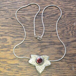 Vintage Art & Crafts style necklace, sterling silver, gold plating, inset garnet